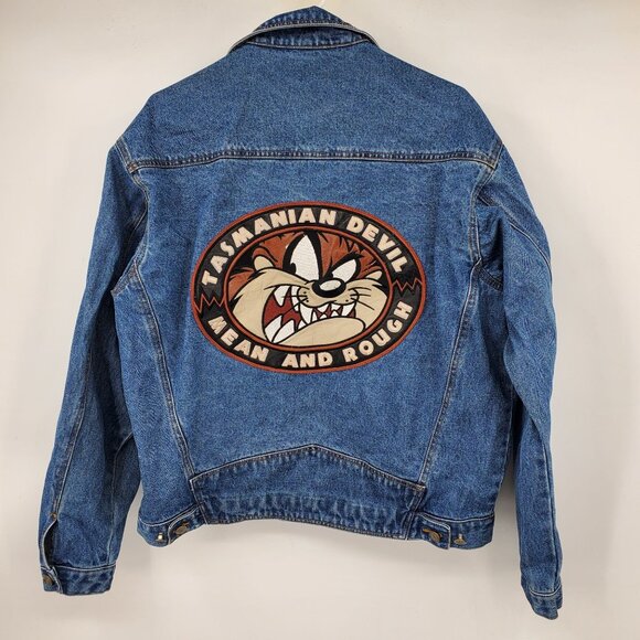 Vintage Looney Tunes Tasmanian Devil Mean and Rough Patch Jean Jacket Large - Picture 2 of 16